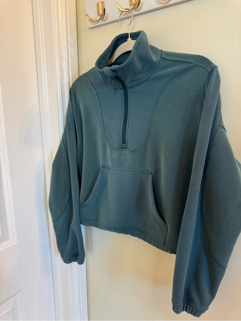 lululemon Ribbed Half Zip Cropped Sweatshirt Size 6 Teal Cinch Hem